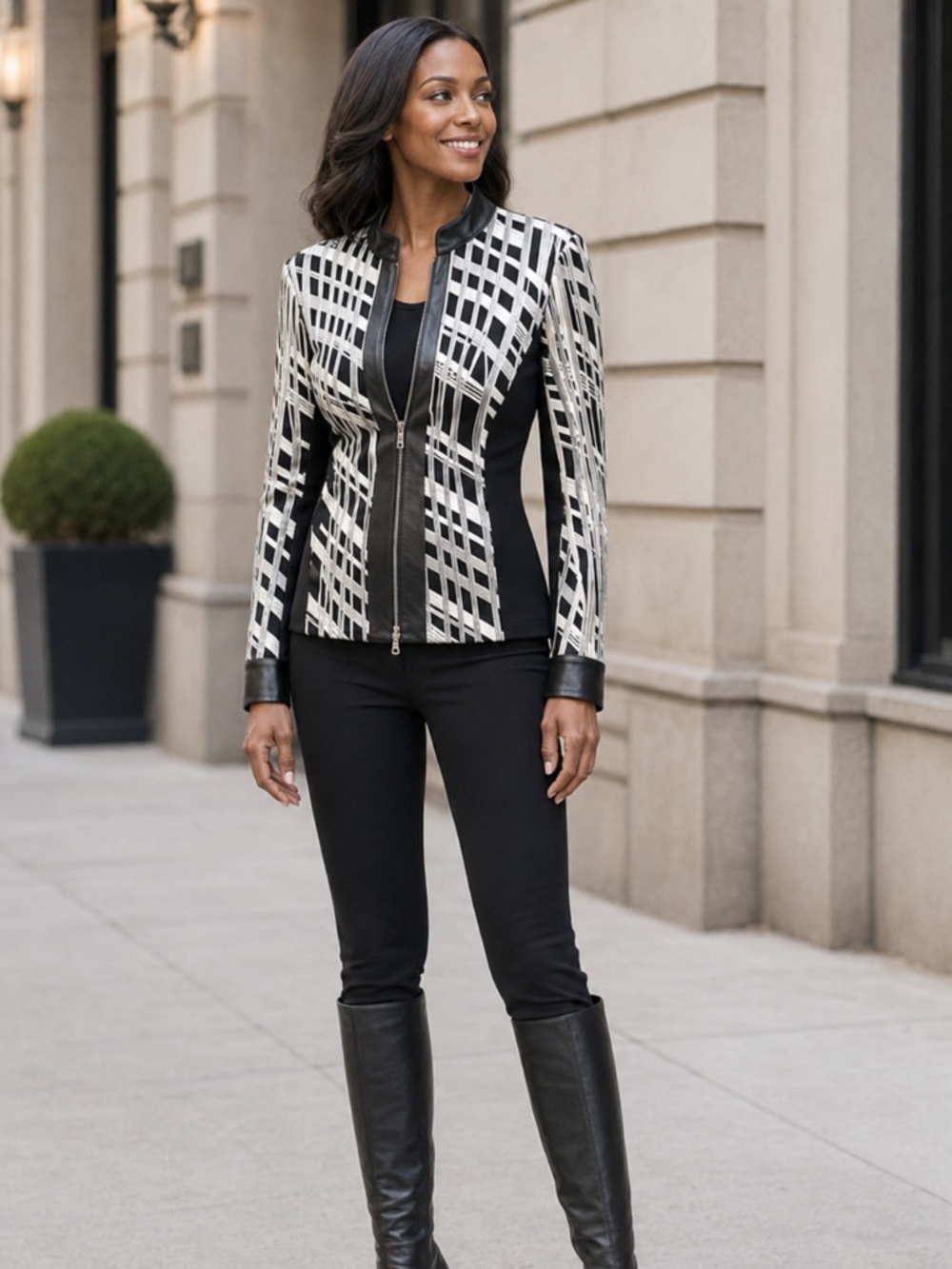 Joseph Ribkoff | Black & White Form Fitting Zip-Up Jacket | Size 6